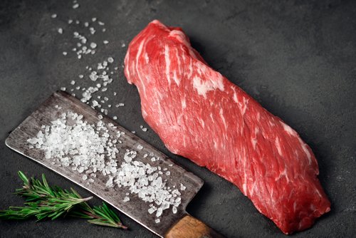 Raw,Tenderloin,Of,Beef,Or,Skirt,Steak,With,A,Hatchet